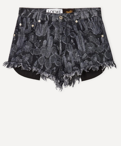 Loewe Cactus-print Frayed Cutoff Denim Shorts In Black/white