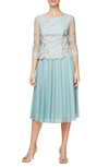 Alex Evenings Illusion Sleeve Embroidered Midi Dress In Ice Sage