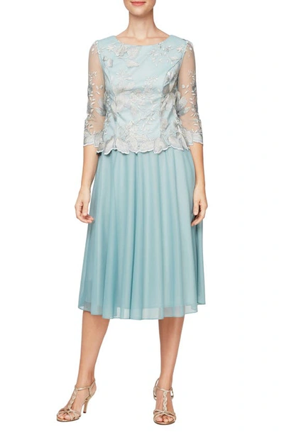 Alex Evenings Illusion Sleeve Embroidered Midi Dress In Ice Sage | ModeSens