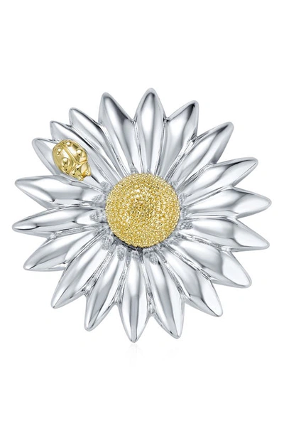 Bling Jewelry Two Tone Large Fashion Flower Brooch In Silver