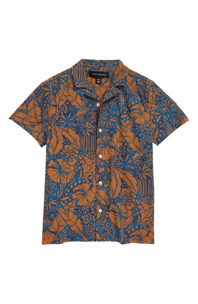 Treasure & Bond Kids' Button-up Camp Shirt In Tan Lion Jungle Floral