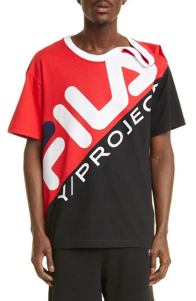 Y/project X Fila Logo Drape Neck Cotton Graphic Tee In Multi-colored