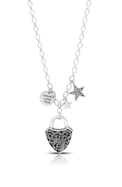 Lois Hill Scroll Shield Padlock & Charm Necklace In Silver