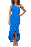 Xscape One-shoulder Asymmetric Hem Gown In Blue