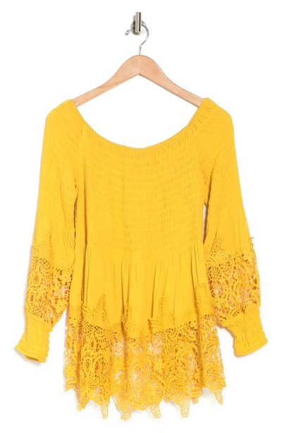 Forgotten Grace Crochet Trim Smocked Off-the-shoulder Top In Mustard