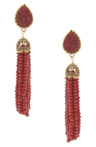 Olivia Welles Tassel Sparkle Drop Earrings In Gold-burgundy