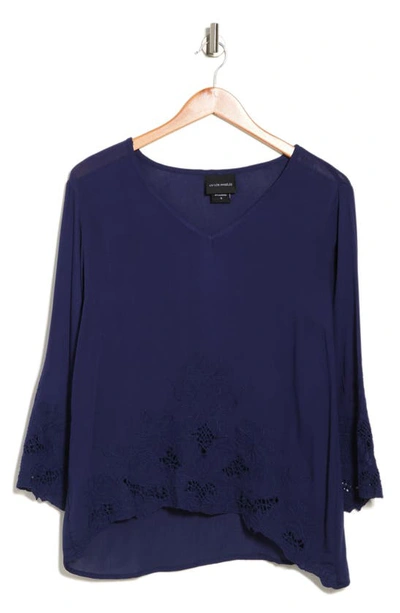 Forgotten Grace Embroidered Cut-out High Low Blouse In Navy
