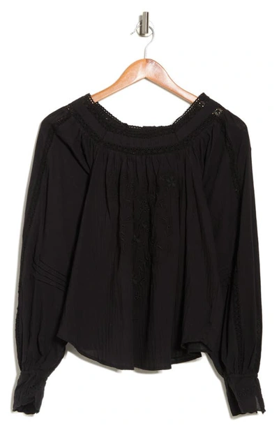 Forgotten Grace Embroidered Peasant Square Neck Top In Black