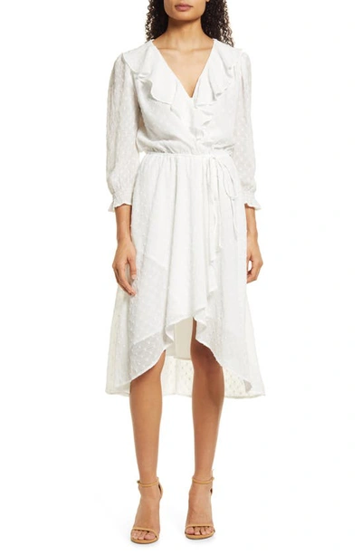 Fraiche By J Swiss Dot Faux Wrap Dress In White