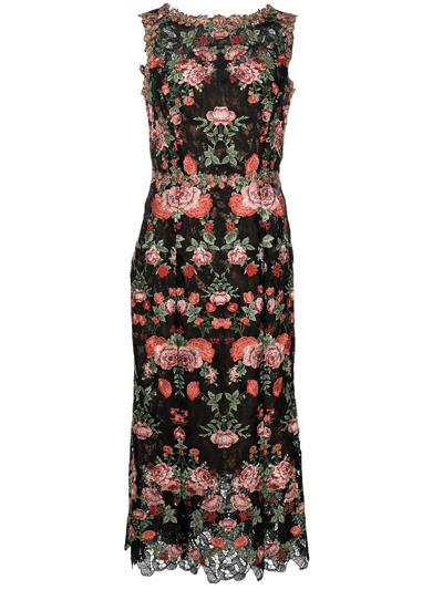 Marchesa Notte Sleeveless Floral Embroidered Dress In Black