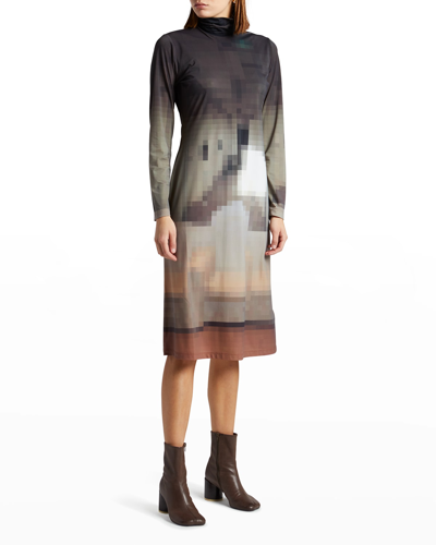 Mm6 Maison Margiela Pixel Printed Turtleneck Midi Shift Dress In Pixelated Brown