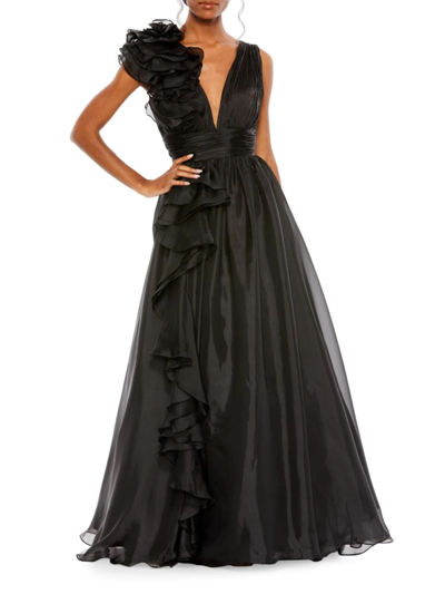 Mac Duggal Sleeveless Floral Ruffle Ruched Chiffon Ball Gown In Black