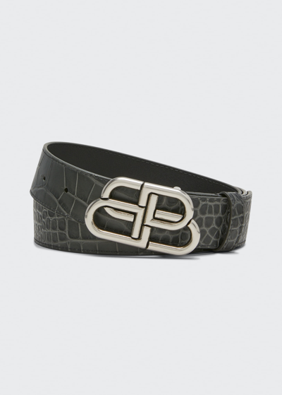 Balenciaga Men's Bb-logo Leather Belt In Dark Grey