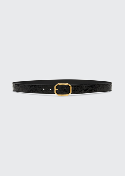Saint Laurent Ysl Croc-embossed Leather Belt In Black