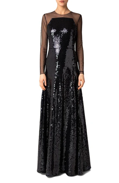 Akris Tulle & Sequin Long Sleeve A-line Gown In Navy