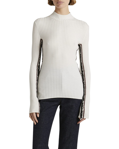 Chloé Crochet Side-stripe Mock-neck Rib Sweater In White