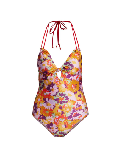 Zimmermann Violet Knotted Floral-print Halterneck Swimsuit In Multi