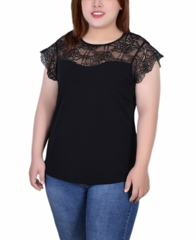 Ny Collection Petite Size Crepe Knit Top With Lace Flanged Sleeve And Yoke In Black