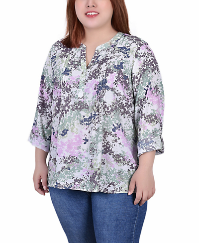 Ny Collection Women's Missy 3/4 Roll Tab Sleeve Blouse Top In Tie Dye Floral