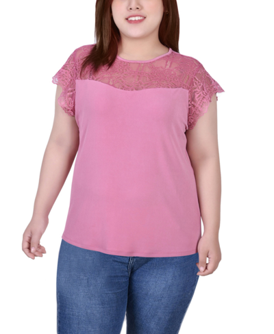 Ny Collection Petite Size Crepe Knit Top With Lace Flanged Sleeve And Yoke In Purple