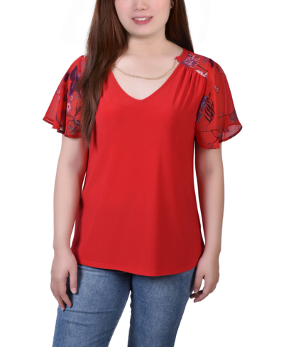 Ny Collection Petite Size Combo Chiffon Sleeve V-neck Top In Red Floral