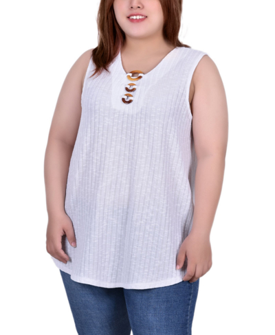Ny Collection Petite Size Sleeveless Ribbed Top With Triple Rings In White