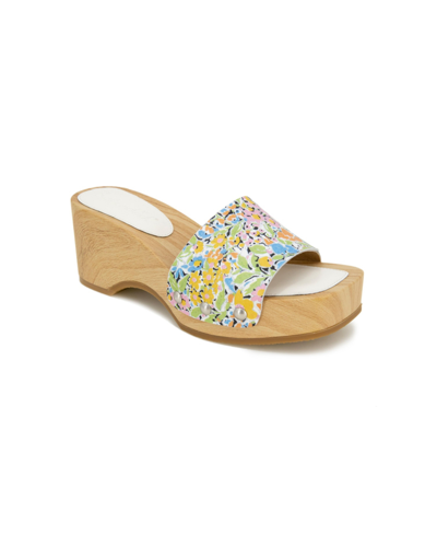Splendid Bree White Floral Print Leather Platform Slide Sandal Heels In Blue Floral