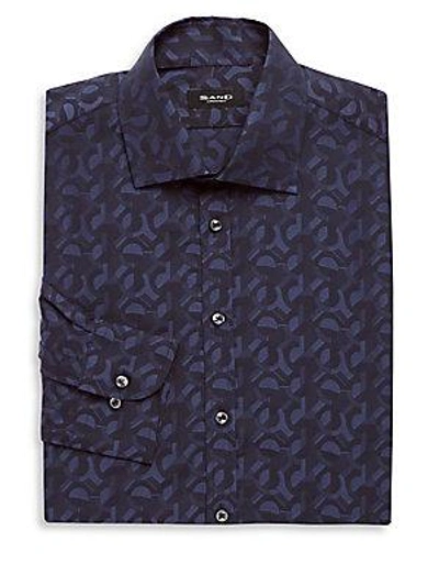 Sand Cotton Printed Dress Shirt In Navy