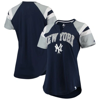 Starter Women's  Navy And Gray New York Yankees Game On Notch Neck Raglan T-shirt In Navy,gray