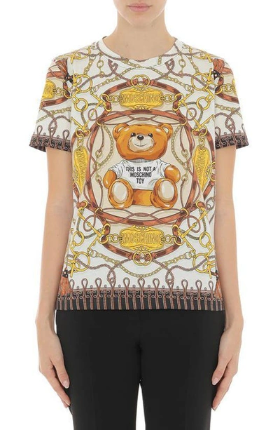 Moschino Teddy Bear Scarf Print Cotton T-shirt In Beige