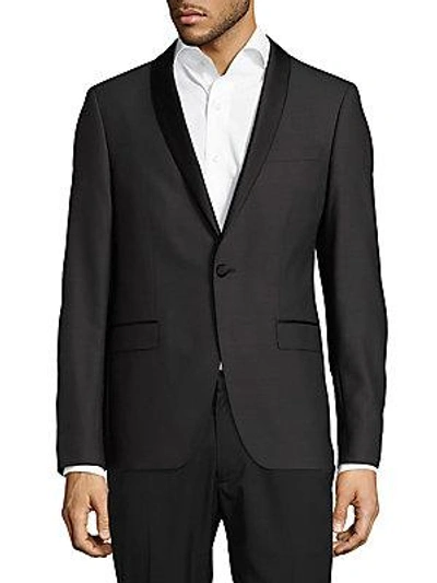 Sand Slim-fit Wool Shawl Collar Evening Jacket In Black