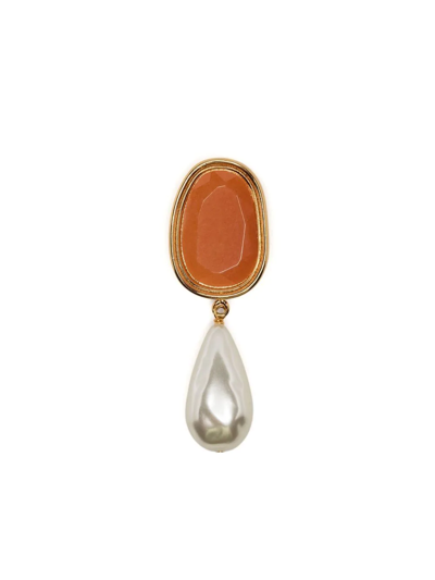Erdem Orange Stone & Pearl Drop Brooch In Gold
