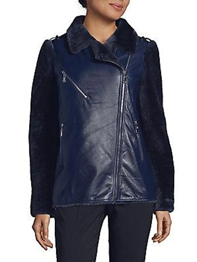 Annabelle New York Lamb Fur Leather Moto Jacket In Navy