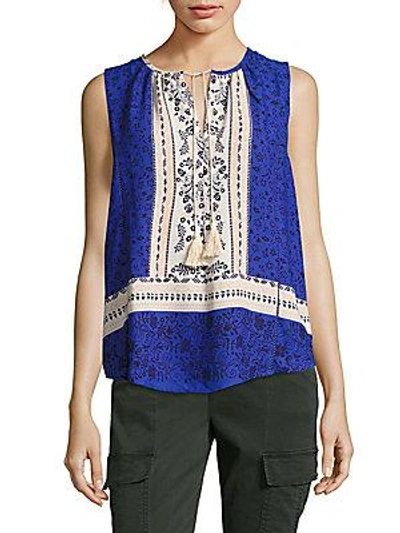 Collective Concepts Printed Tassel Tank Top In Cream Blue