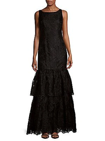 Adrianna Papell Tiered Embroidered Dress In Black