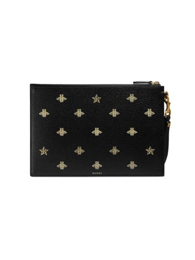 Gucci Bee-print Grained-leather Pouch In Black