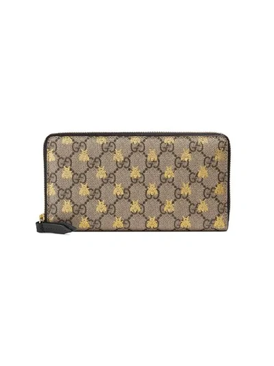 Gucci Gg Supreme Bees Zip Around Wallet In Beige Ebony Oro/ Nero