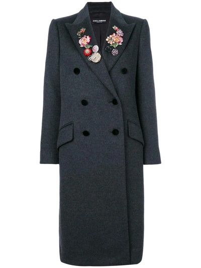 Dolce & Gabbana Floral And Gem Detailed Double Breasted Coat - Grey