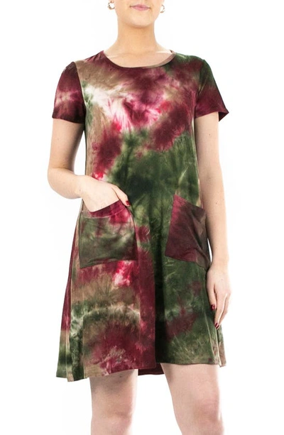 Nina Leonard Scoop Neck Tie-dye Print Dress In Olive Mult