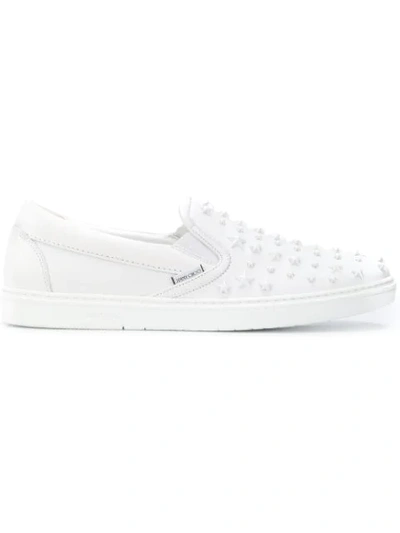 Jimmy Choo Grove Ultra White Sport Calf Leather Slip On Trainers With Embossed Stars