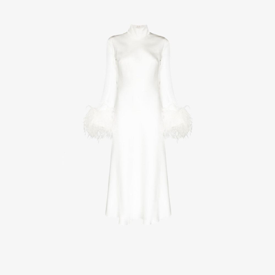 16arlington Umiko White Feather-trimmed Satin Midi Dress