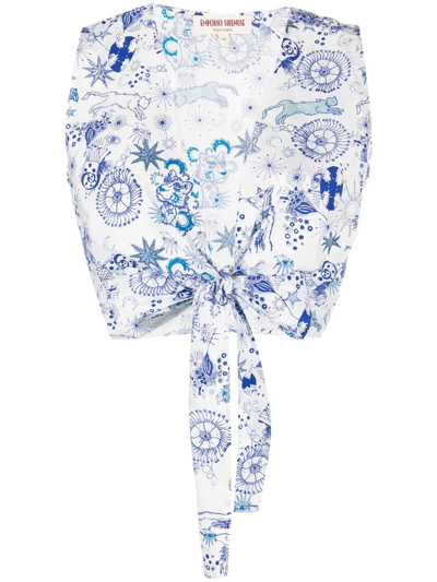 Emporio Sirenuse Sonia Printed Cotton-poplin Crop Top In Blue