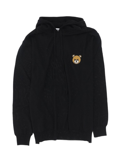 Moschino Teddy Bear Embroidered Drawstring Knitted Hoodie In Black