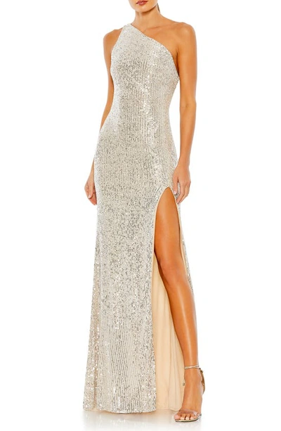 Ieena For Mac Duggal Sequined One Shoulder Draped Back Gown In Silver