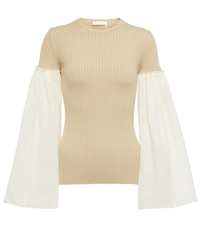 Chloé Chiffon-trimmed Ribbed Wool And Cashmere-blend Jumper In White