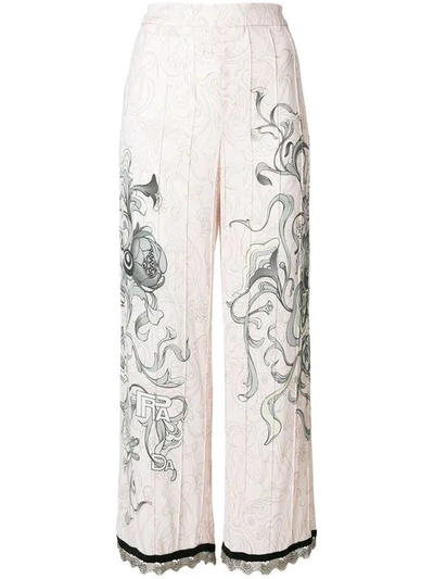 Prada Liberty Printed Sablè Trousers W/ Fringe In 62n Cipria+argento