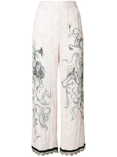 Prada Liberty Printed Sablè Pants W/ Fringe In 62n Cipria+argento