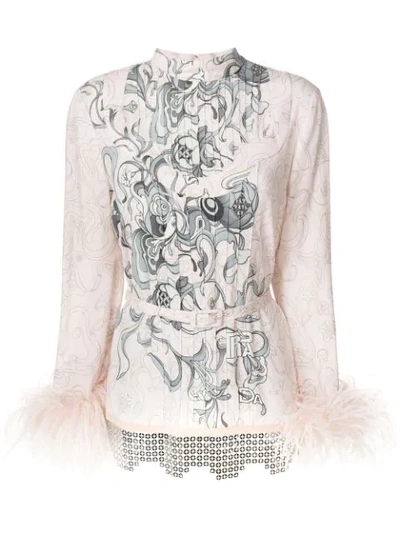 Prada Feather-trimmed Embellished Printed Crepe Blouse In Pastel Pink