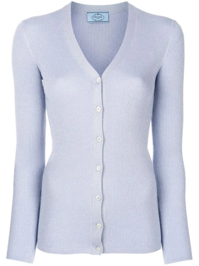Prada Metallic Long-sleeve V-neck Cardigan Sweater In Light Blue