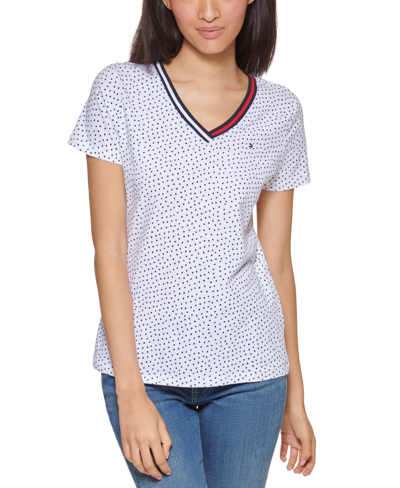 Tommy Hilfiger Women's Polka Dot Printed V-neck T-shirt In Brt White